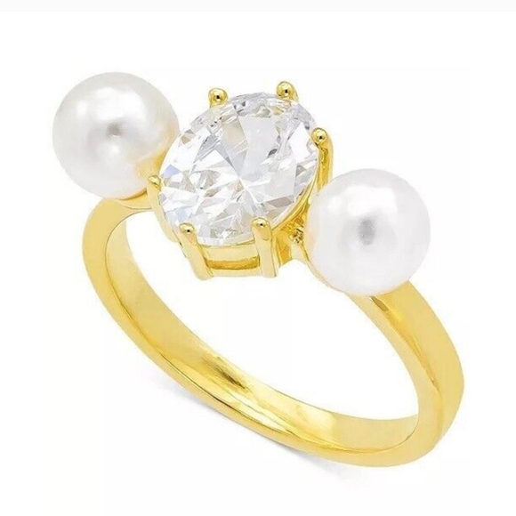 Charter Club Elegant Gold Plated Double Pearl & Crystal Ring Size 7 NWOT - Picture 3 of 8